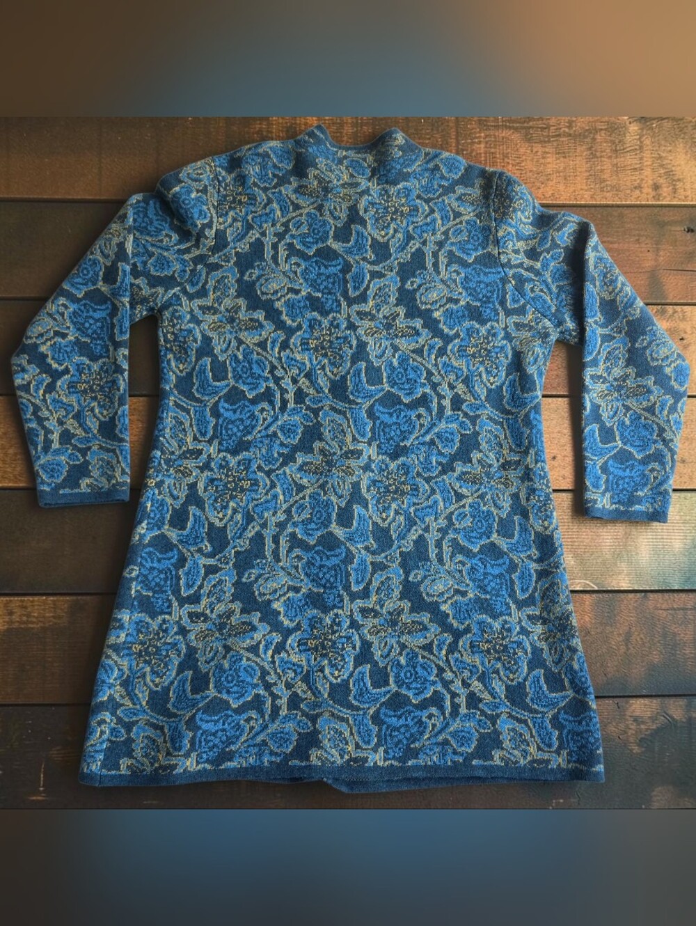 Sundance Merino Wool Floral Jacquard Long Cardigan Coat Blue Boho Cottagecore XL - Picture 2 of 9